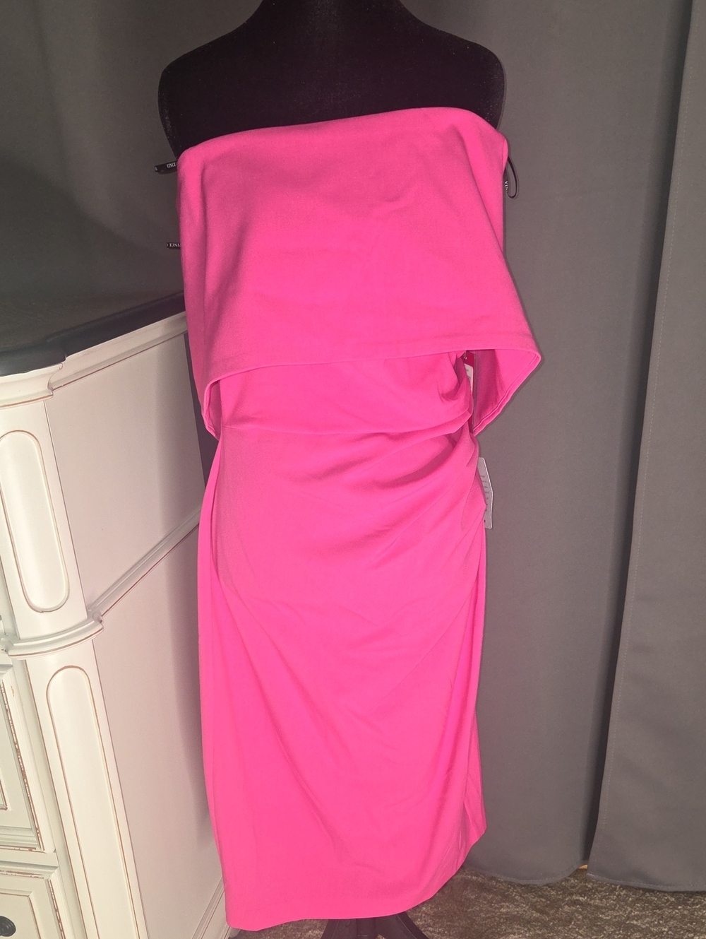 Vince Camuto Strapless Neon Pink Fold-Over Midi Dress